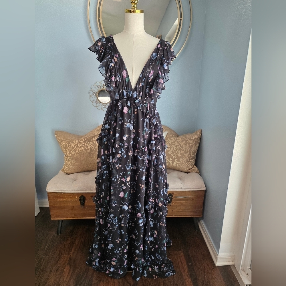 Mac Duggal Black Floral Maxi Dress with Lavender and Blue Accents